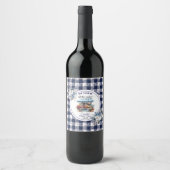 Blauw Gingham Uit de Markt Bruiloftsshower Wijn Etiket (Voorkant)