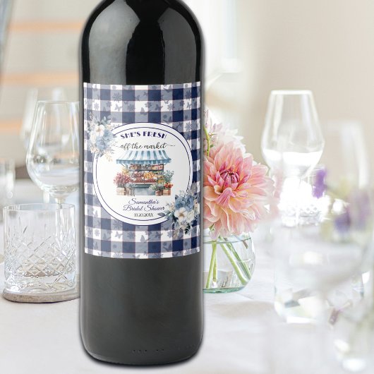 Blauw Gingham Uit de Markt Bruiloftsshower Wijn Etiket