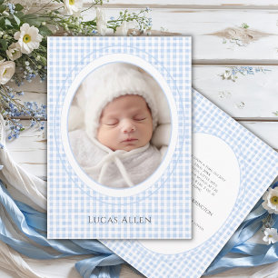 Blauw Gingham Vintage Geboorteaankondiging Foto Kaart