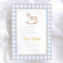 Blauw Gingham Vintage Schommelpaard Baby Shower