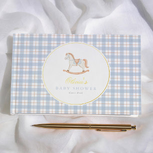 Blauw Gingham Vintage Schommelpaard Baby Shower Gastenboek