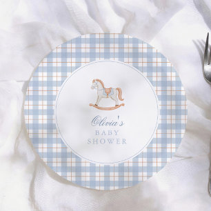Blauw Gingham Vintage Schommelpaard Baby Shower Papieren Bordje