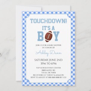 Blauw Gingham Voetbal Baby Shower Kaart