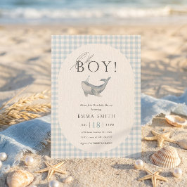Blauw Gingham Waterverf Walvis Oh Boy Baby Shower Kaart