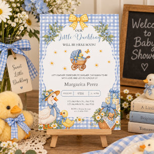 Blauw Gingham WaterverfEendje Baby Shower Acryl Uitnodigingen