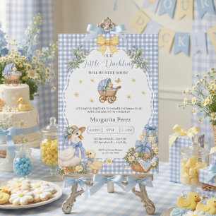 Blauw Gingham WaterverfEendje Baby Shower Kaart