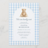 Blauw Gingham We Can Bearly Wait Baby Shower-uitno Kaart (Voorkant)