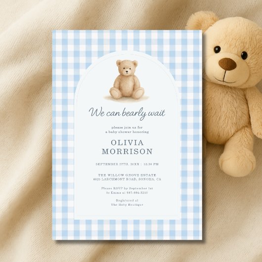 Blauw Gingham We Can Bearly Wait Baby Shower-uitno Kaart
