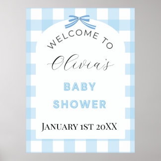 Blauw Gingham Welkomstbord voor Baby Shower Poster