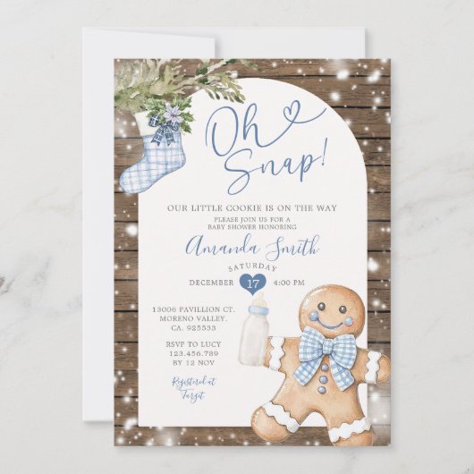 Blauw Gingham Woods Oh Snap Kerst Baby Shower Kaart (Voorkant)