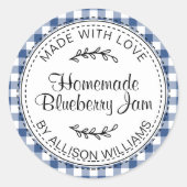 Blauw Gingham Zelfgemaakte Bosbessenjam Label (Voorkant)