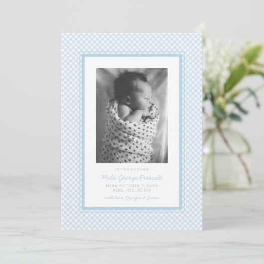 Blauw gingham zoet eenvoudige één foto geboorte aankondiging (Staand voorkant)