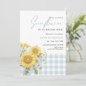 Blauw Gingham Zonnebloem 1e Verjaardag Kaart (Staand voorkant)