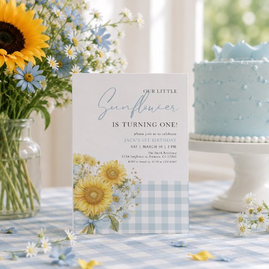 Blauw Gingham Zonnebloem 1e Verjaardag Kaart