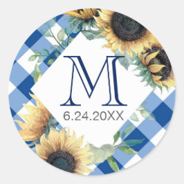 Blauw Gingham Zonnebloem Dank Je Ronde Sticker