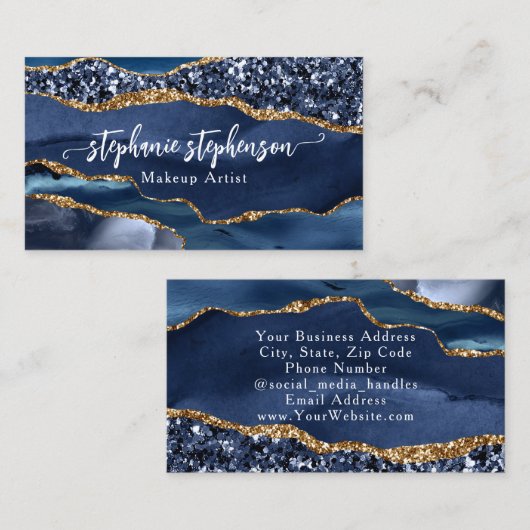 Blauw Glam Glitter Agate Mode Stylist Modern Visitekaartje (Voorkant / Achterkant)