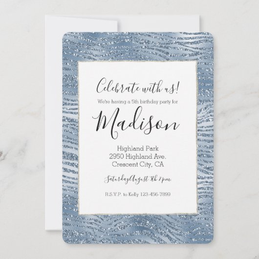 Blauw Glam Glitter Zebraprint Kaart (Voorkant)