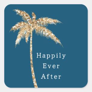 Blauw Glam Goud Glitter Palmboom Vierkante Sticker