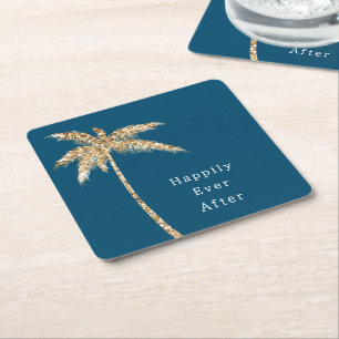 Blauw Glam Gouden Glitter Palmboom Kartonnen Onderzetters