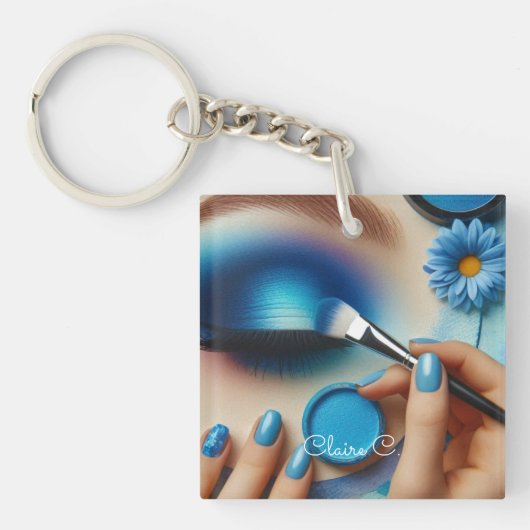 Blauw Glam Make-up Vibes Gepersonaliseerd Sleutelhanger (voorkant)