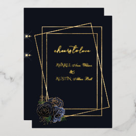 Blauw Glamour Rozen en Zwart en Goud Folie Uitnodiging