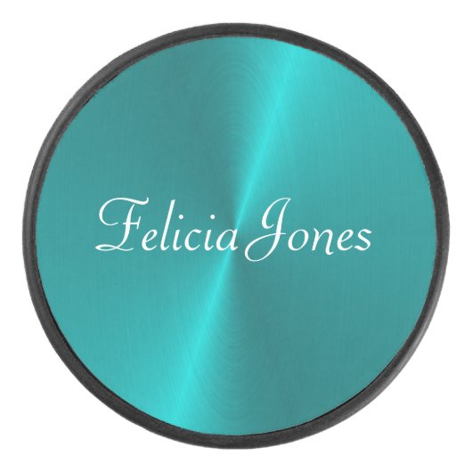 Blauw glanzend faux metal monogram hockey puck (Voorkant)