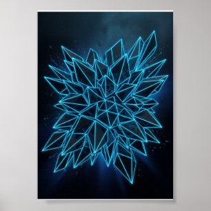 Blauw Glanzend Geometrisch Mandala Abstract Neon F Poster