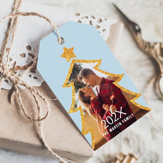 Blauw Glanzende Kerstboom Persoonlijke Foto Cadeaulabel