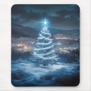 Blauw Glanzende Winter Nacht Kerstboom Muismat