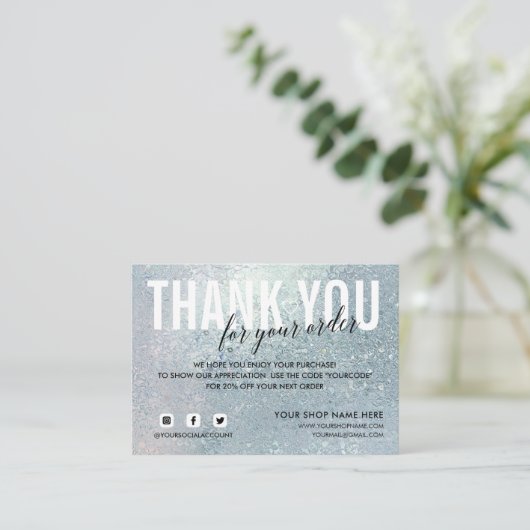 Blauw glas BEDANKT VOOR UW SOCIALE BESTELLING Informatiekaartje (Staand voorkant)