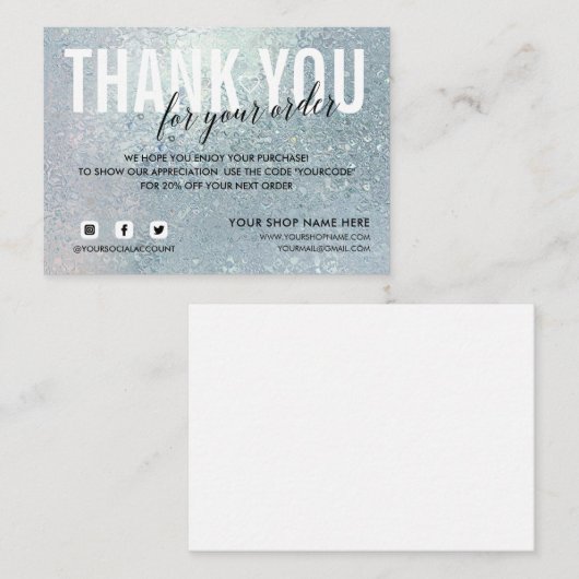 Blauw glas BEDANKT VOOR UW SOCIALE BESTELLING Informatiekaartje (Voorkant / Achterkant)