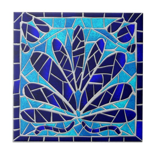 Blauw Glas Gebroken Mozaïek Bloemen Tegeltje (Voorkant)