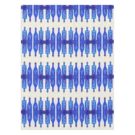 Blauw glas gekookt, in flessen gelaagd tafelkleed