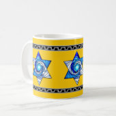 Blauw Glas in lood Art Deco Magen David op Geel Koffiemok (Voorkant links)