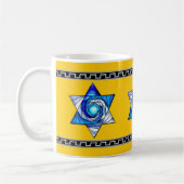 Blauw Glas in lood Art Deco Magen David op Geel Koffiemok (Links)