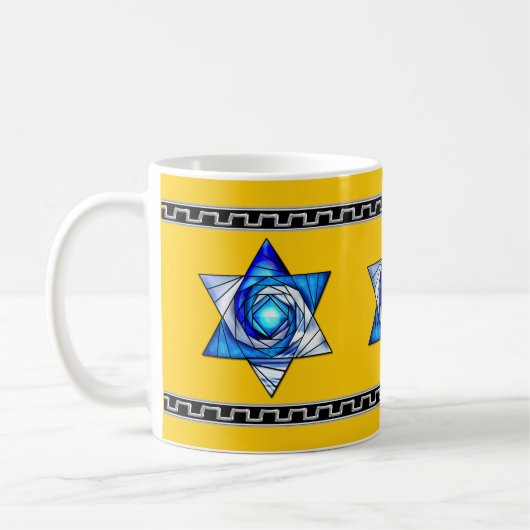 Blauw Glas in lood Art Deco Magen David op Geel Koffiemok (Links)