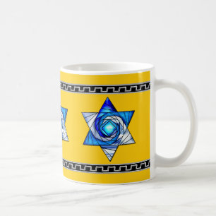 Blauw Glas in lood Art Deco Magen David op Geel Koffiemok