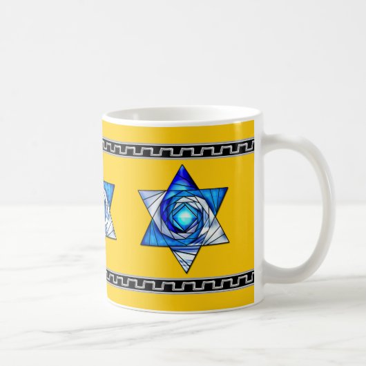 Blauw Glas in lood Art Deco Magen David op Geel Koffiemok (Rechts)