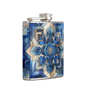 Blauw Glas in lood Bloem Geometrische Waterverf Heupfles (Rechts)