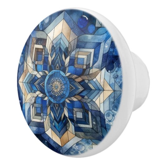 Blauw Glas in lood Bloem Geometrische Waterverf Keramische Knop (Rechts)