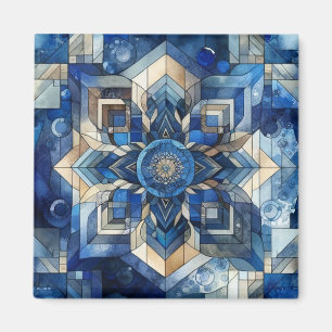 Blauw Glas in lood Bloem Geometrische Waterverf Magneet