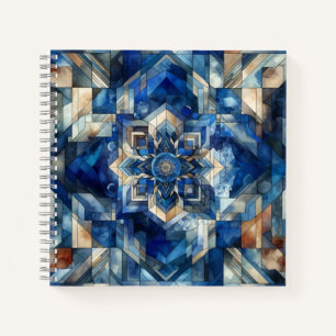 Blauw Glas in lood Bloem Geometrische Waterverf Notitieboek