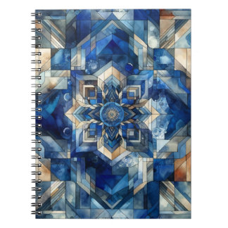 Blauw Glas in lood Bloem Geometrische Waterverf Notitieboek