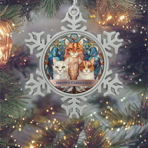 Blauw Glas in lood look Meowy Christmas Cats Tin Sneeuwvlok Ornament