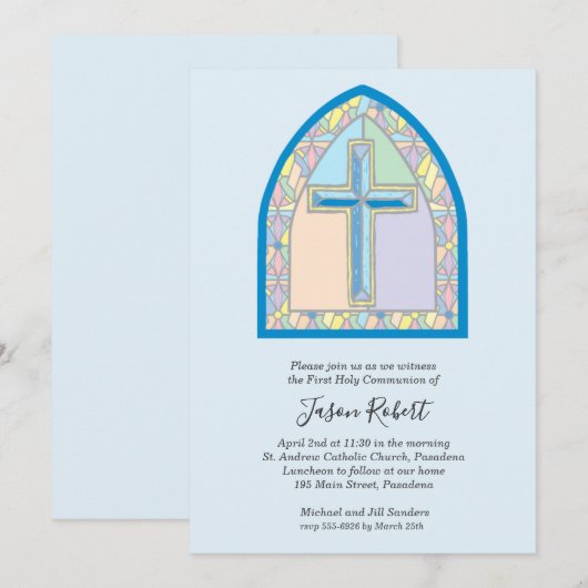 Blauw Glas in lood venster eerste mededeling Kaart (Voorkant / Achterkant)