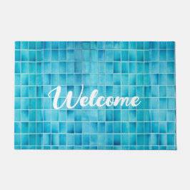 Blauw glas tegelblokken mozaïek deurmat