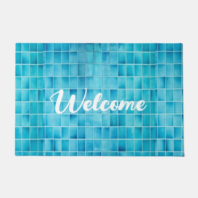 Blauw glas tegelblokken mozaïek deurmat (Voorkant)