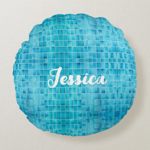 Blauw glas tegelblokken mozaïek rond kussen