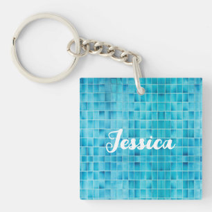 Blauw glas tegelblokken mozaïekglas sleutelhanger