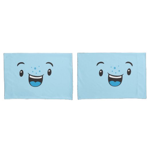 Blauw glimlachend Kawaii Face Pillow Hoesje Set Kussensloop (Voorkant-Set)